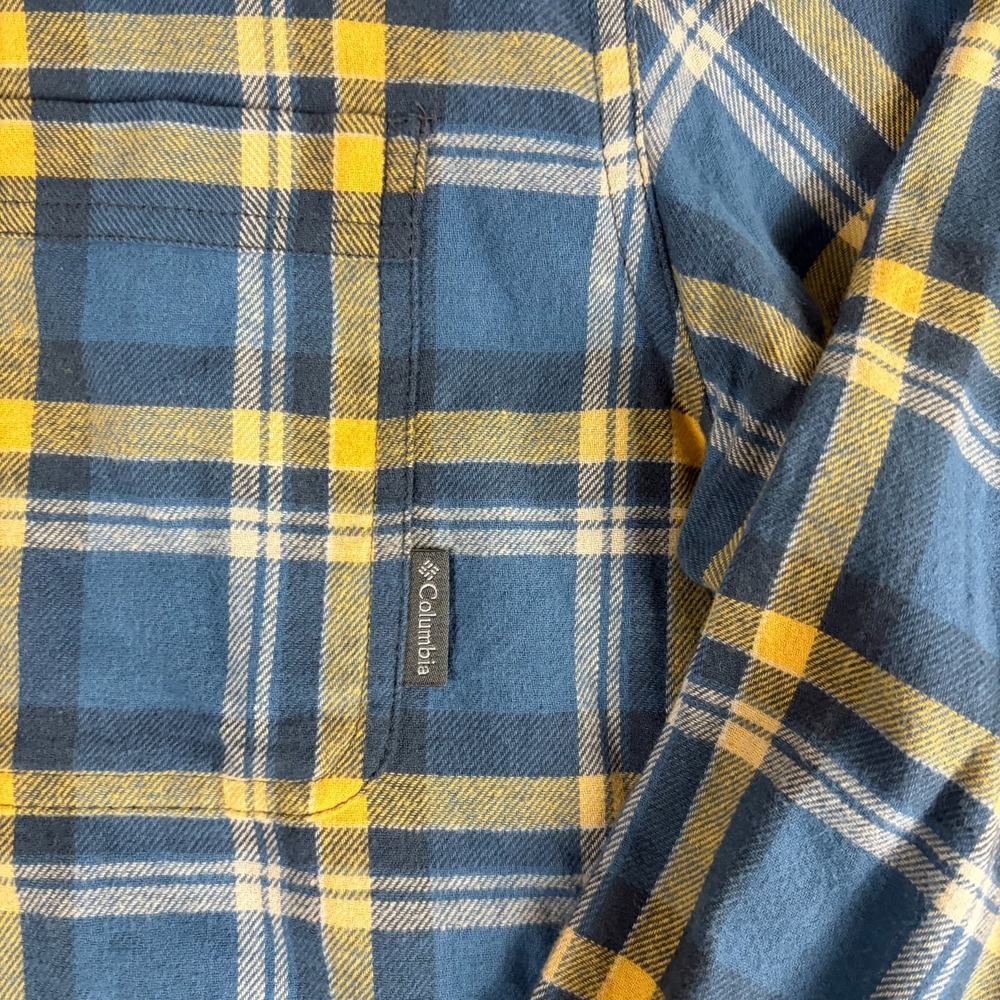 Columbia Regular Fit Flannel Shirt Mens Medium Blue Yellow Plaid Long Sleeve - Picture 2 of 7